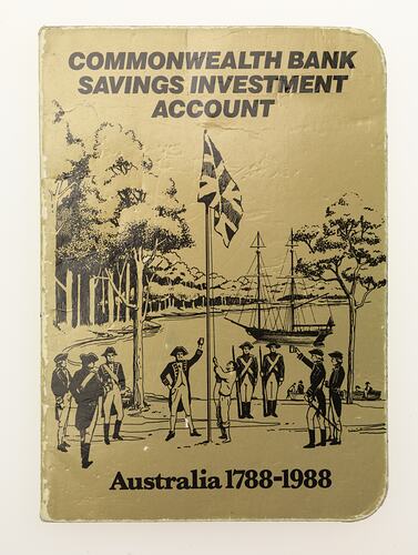 Bank book cover, soldiers raising Union Jack flag. Ship and trees behind.