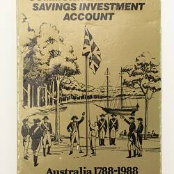 Bank book cover, soldiers raising Union Jack flag. Ship and trees behind.