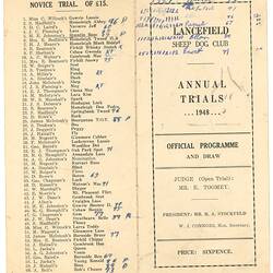 Program - Lancefield Sheep Dog Club, 'Annual Trials', 1948