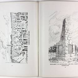 Open book page with illustration of multiple graves on right page and stone monument on left page.