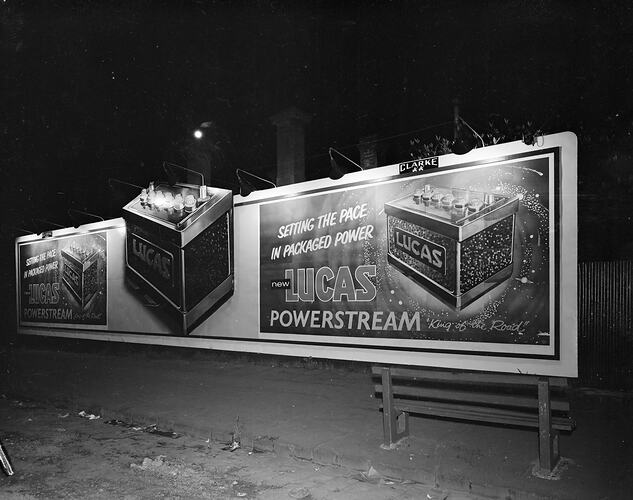 Clarke Advertising, Lucas Powerstream Batteries Billboard, Northcote, Victoria, 16 Sep 1959