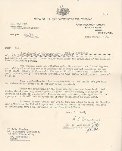 Letter - British Assisted Passage Scheme, John & Barbara Woods, Australia House, London, 12 Mar 1957