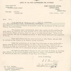Letter - British Assisted Passage Scheme, John & Barbara Woods, Australia House, London, 12 Mar 1957