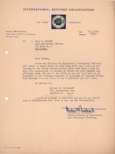 Letter - To Esma Banner, International Refugee Organization, Nellingen, Germany, 20 Jun 1950