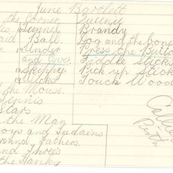 Document - June Bartlett, to Dorothy Howard, List of Games, 1955