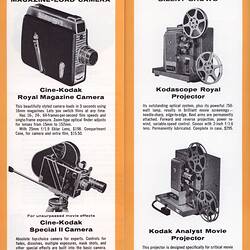 Opened leaflet with photographs of cameras and projectors.