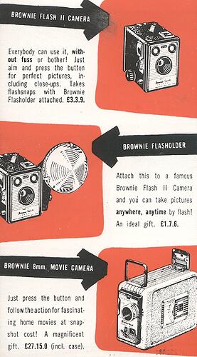 Small leaflet with text and illustrated cameras.