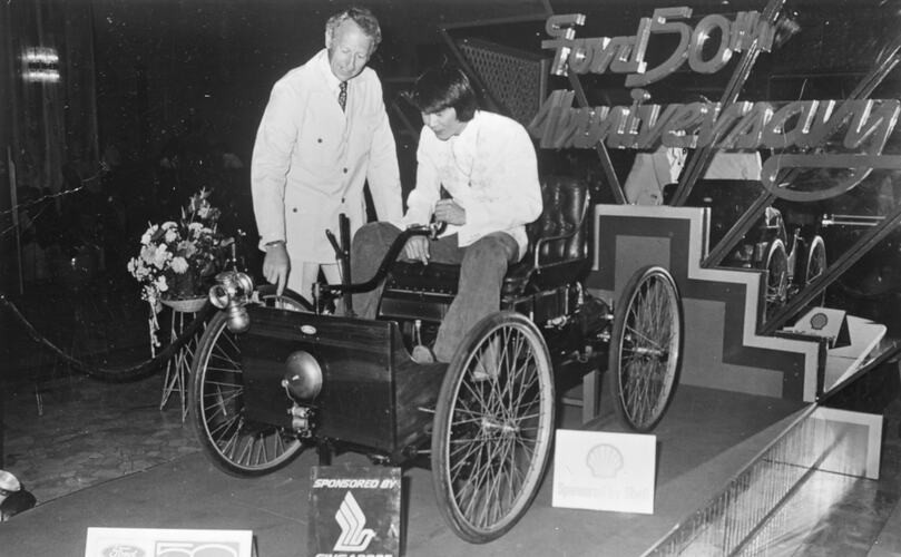 Visitors with 1896 Ford quadricycle, Institute of Applied Science (Science Museum), Melbourne, c. 1969