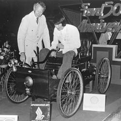 Copy Negative - Visitors with 1896 Ford Quadricycle, Institute of Applied Science (Science Museum), Melbourne, circa 1969