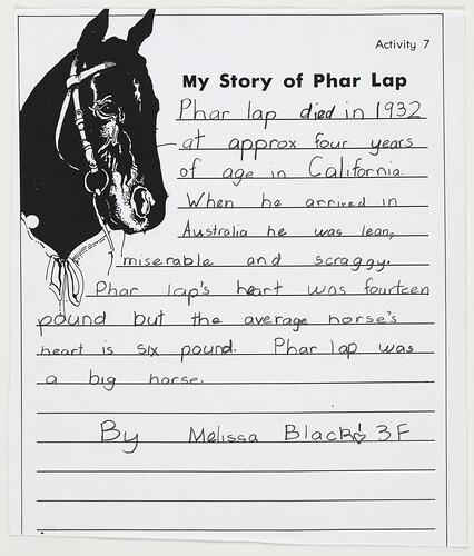 Letter - My Story of Phar Lap, Melissa Black, 1999
