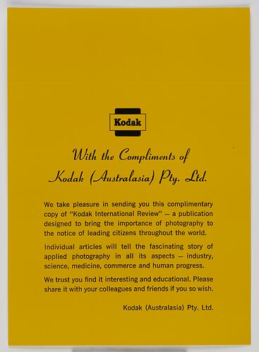 Card - Kodak (Australasia) Pty Ltd, 'With the Compliments of Kodak', circa 1965