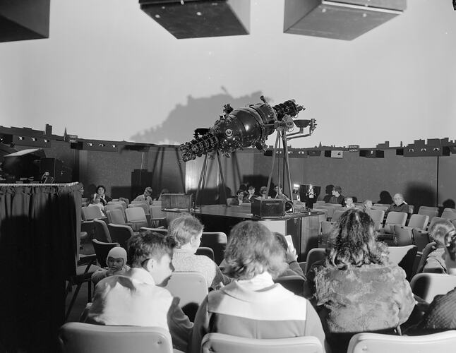 Telescope and audience at H.V. McKay Planetarium, Melbourne, c. 1970