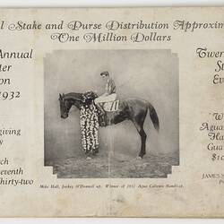 Jockey on horse in centre of worn page, text around.