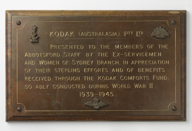 Plaque - Commemorating the Kodak Comforts Fund, World War II
