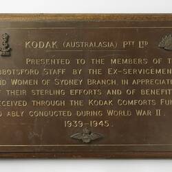 Plaque - Kodak Australasia Pty Ltd, Commemorating the Kodak Comforts Fund, World War II, 1939-1945