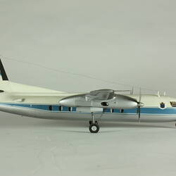 Blue and white model of a two -engined aeroplane.