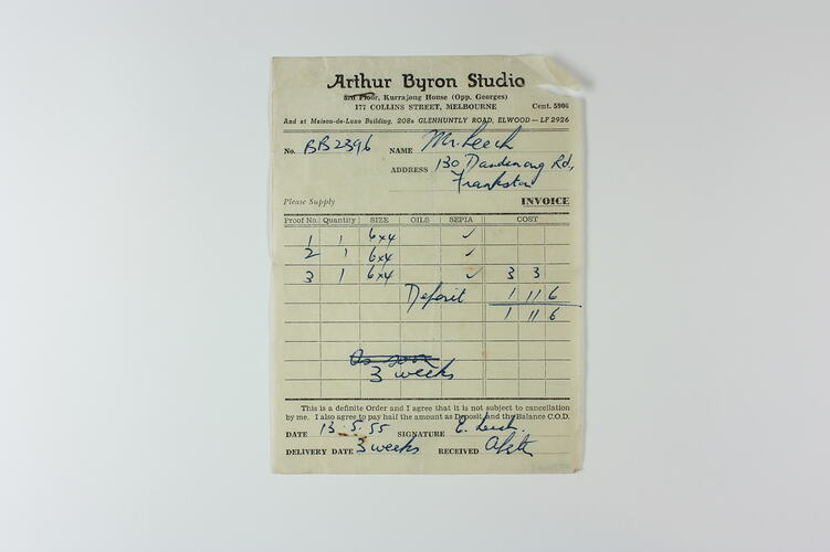 Invoice - Arthur Byron Studio, Melbourne, 13 May 1955