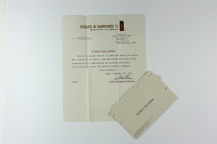 Letters of Reference - Coles & Garrard, Bourke Street, Melbourne for James Leech, 23 & 24 Dec 1955