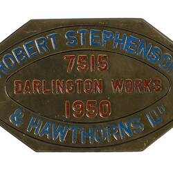 Locomotive Builders Plate - Robert Stephenson & Hawthorns Ltd, Darlington, England, 1950