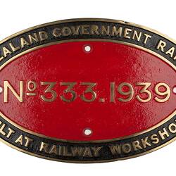 Locomotive Builders Plate - New Zealand Government Railways, Gracefield, New Zealand, 1939