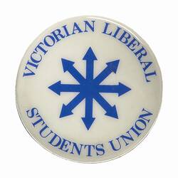 Round white badge, blue text, central blue 8 pointed motif.