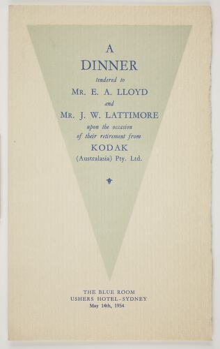 Programme - Kodak Australasia Pty Ltd, E.A. Lloyd & J.W. Lattimore Retirement Dinner, Sydney, 14 May 1954, Page 1