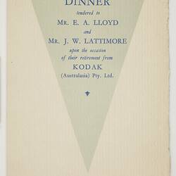 Programme - Kodak Australasia Pty Ltd, E.A. Lloyd & J.W. Lattimore Retirement Dinner, Sydney, 14 May 1954, Page 1