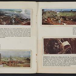 Card album, open, printed text and colour landscape pictures and section on aboriginal settlement.