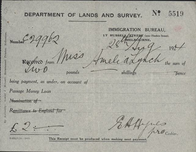 Receipt - Loan Repayment, Department of Lands and Survey, Immigration Bureau, Melbourne 28 Aug 1924