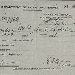 Receipt - Loan Repayment, Amelia Lynch, Department of Lands and Survey, Immigration Bureau, Melbourne 28 Aug 1924