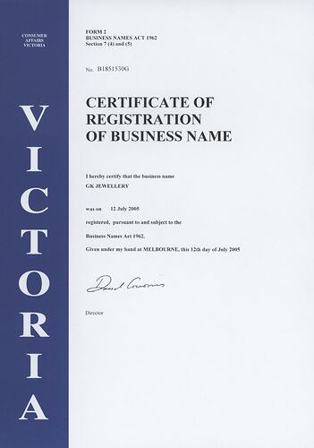 Certificate - Registration of Business Name, GK Jewellery, Melbourne, 12 Jul 2005
