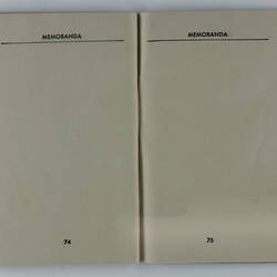 Open booklet, two white pages with black printing. Page 74 and 75.