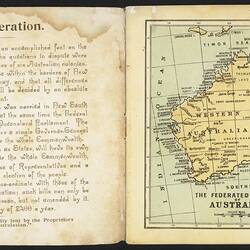 Open booklet, off-white pages. Black printing on left page, colour map of Australia on right page.