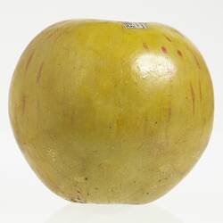 Wax model of an apple with a short stem, painted mostly yellow and red flecks.