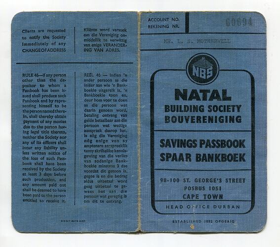 Bank Book - Lindsay Motherwell, Natal Building Society, Cape Town, South Africa, 1967-68