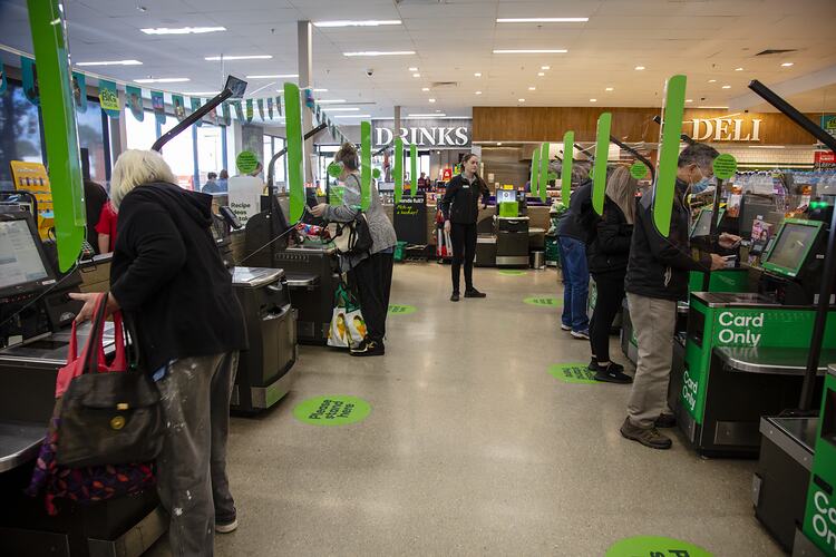 Customers Using Self-Serve Checkouts Behind Sneeze Screens, Woolworths, Blackburn South, May 2020