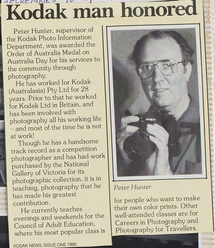 Newspaper Cutting - Kodak Australasia Pty Ltd, 'Kodak man honored, Peter Hunter, Employee, 1990