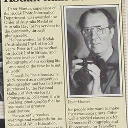 Newspaper Clipping -  Kodak Australasia Pty Ltd, 'Kodak Man Honored', Article on Peter Hunter, Kodak News, 1990