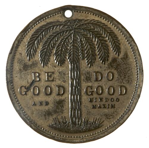 Round medal with hole at top, tree fern and text in centre.