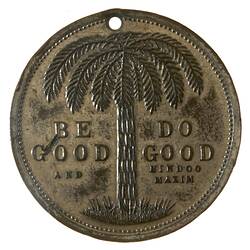 Round medal with hole at top, tree fern and text in centre.