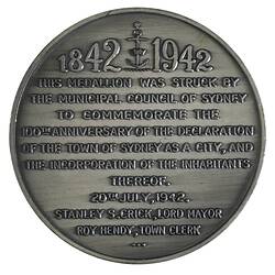 Medal - Sydney Centenary of Incorporation, 1942 AD