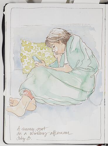 Sketch Of Teenager Curled On Couch With Smartphone During COVID-19, Barwon Heads, 8 Jul 2020
