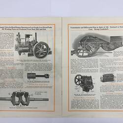 Open pamphlet, six images of tractor parts. Black and orange printing.
