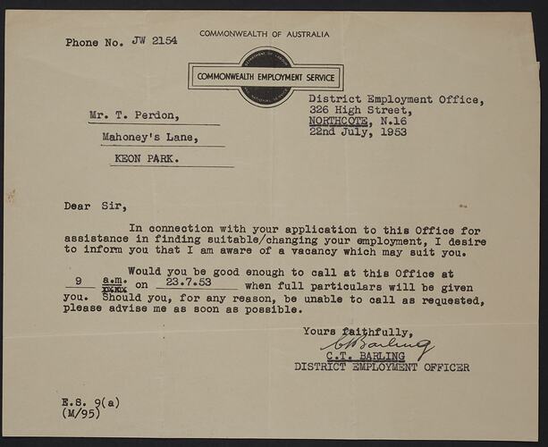 Letter - Commonwealth Employment Office To Theodorus Perdon, Keon Park, Melbourne, 22 Jul 1953