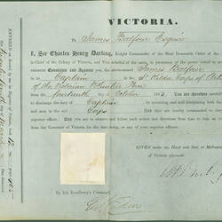Captain's Commission - Issued to James Balfour, Victorian Volunteer Force, 1863