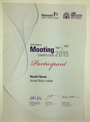 Certificate - Mooting Competition Participant, Law Institute Of 