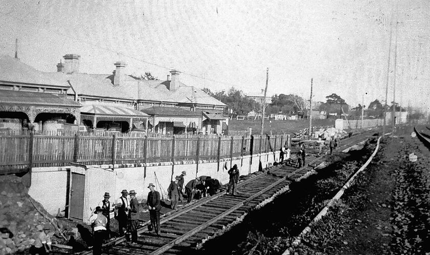 Workers laying the Williamstown line, Footscray, 1928.