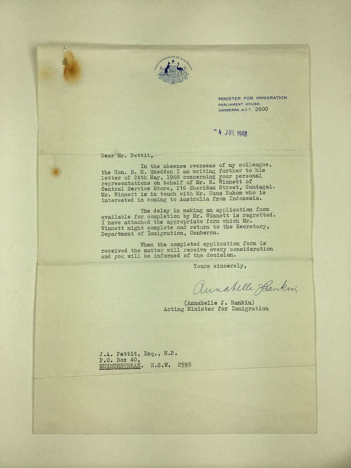 Letter - Annabelle Rankin, Acting Immigration Minister To J.A. Pettit ...