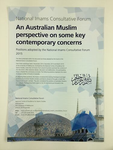 HT 56065, Flyer - 'National Imams Consultative Forum. An Australian Muslim Perspective on Some Key Contemporary Concerns' (2015), Victorian Mosque Open Day, 17 Mar 2019 (RELIGIONS), Document, Registered
