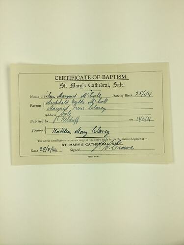 HT 57761, Baptism Certificate - Aileen Margaret McColl, St Mary's Cathedral, Sale, Victoria, 29 Aug 1944 (MIGRATION), Document, Registered